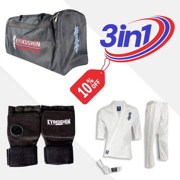 3-in-1 Kyokushin Martial Arts Bundle - Kyokushin Gloves, Kyokushin Bag & Kyokushin Karate Uniform