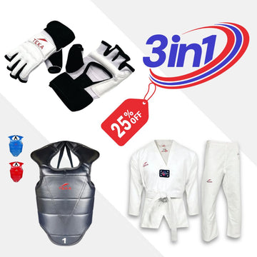 Taekwondo 3-in-1 Combo Set – Taekwondo Uniform, Taekwondo Gloves & Taekwondo Chest Guard