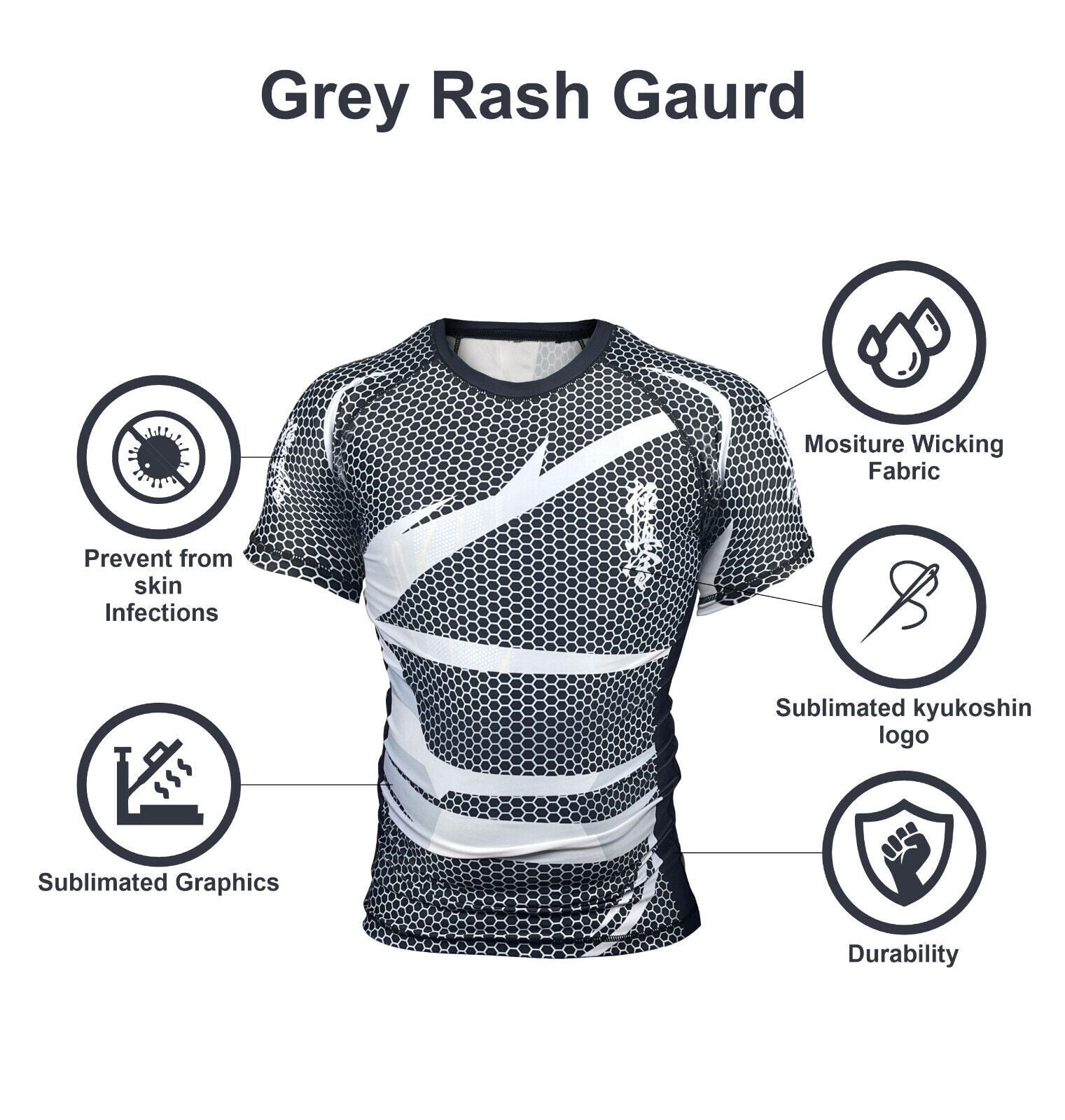 Get your custom grey rash guard with BJJ Warrior and Kyokushin logos