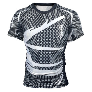 Get your custom grey rash guard with BJJ Warrior and Kyokushin logos