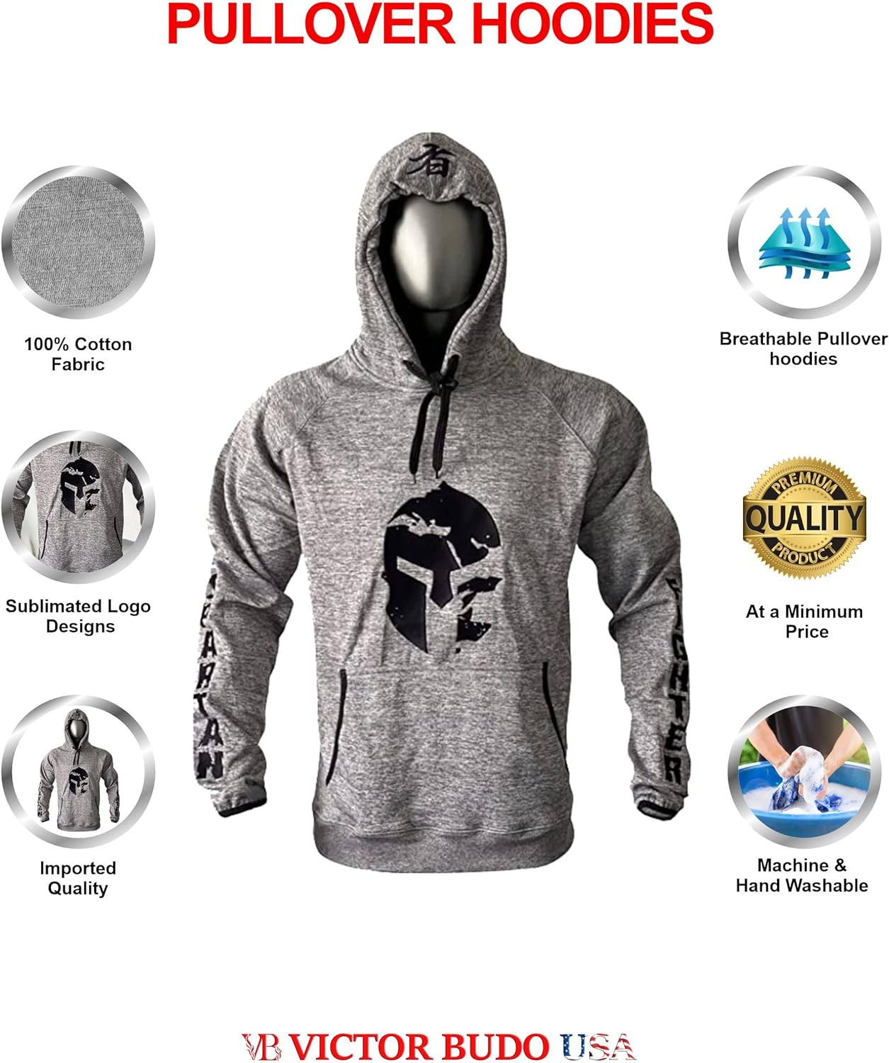 VICTORBUDO USA MEN WARRIOR GREY PULLOVER HOODIE WITH KYOKUSHIN KANJI EMBROIDERY SIZES SMALL - 2X - LARGE