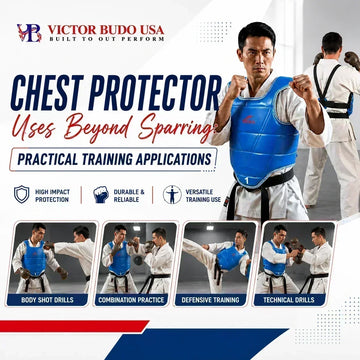 Athlete wearing a protective chest guard during combat sports training and sparring practice