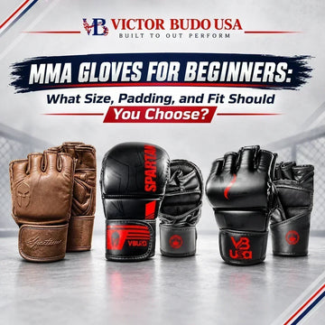 MMA gloves for beginners in black and red with Victor Budo USA branding, featuring a bold guide title about choosing the right size, padding, and fit.