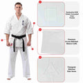 A man wearing a white martial arts uniform with a black belt stands on a white background, with three callout panels showing close-ups of the uniform's features: an inner pocket, stitched sleeve cuffs, and triangular side vents.