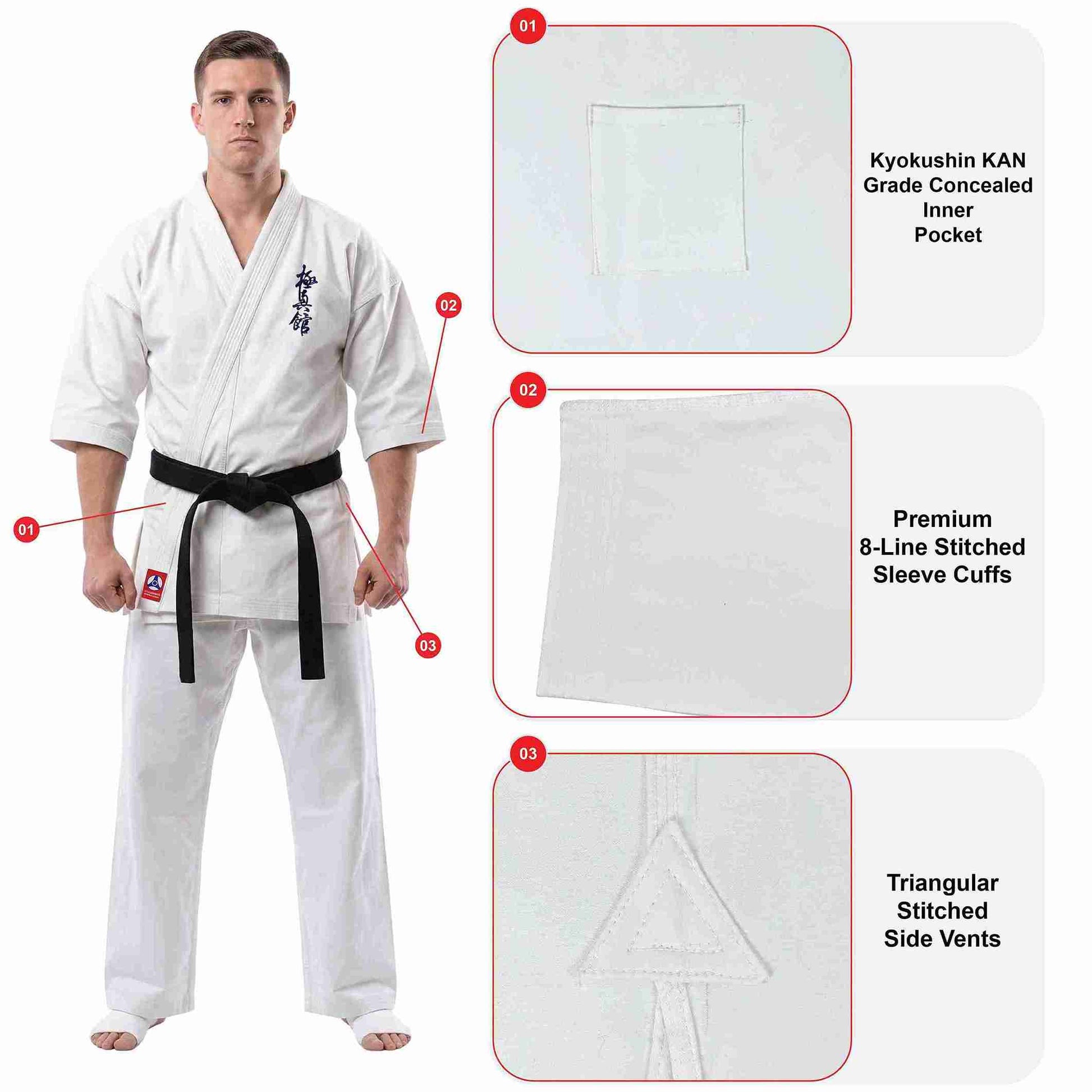 A man wearing a white martial arts uniform with a black belt stands on a white background, with three callout panels showing close-ups of the uniform's features: an inner pocket, stitched sleeve cuffs, and triangular side vents.