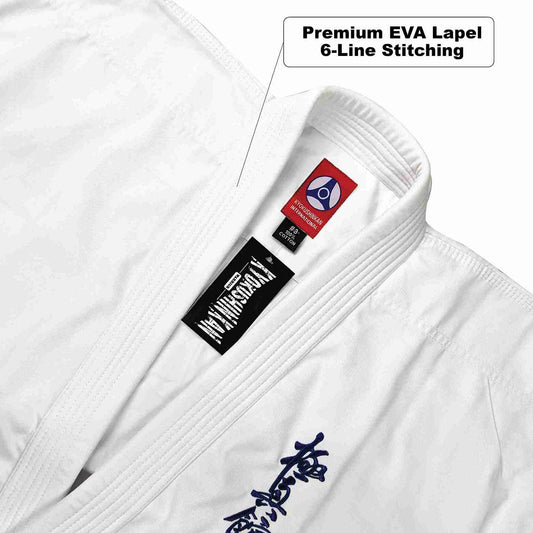 Close-up of a white martial arts uniform jacket with a collar, showing sewn-in labels including a red and black logo patch and a black rectangular brand tag. A text callout reads 'Premium EVA Lapel 6-Line Stitching.