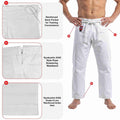 White martial arts gi pants shown on a cropped male model, with callout panels highlighting a reinforced back pocket, Kyushin KAN style rope drawstring waistband, Kyushin KAN grade 8-line reinforced ankle hem, and reinforced ankle hem detail.