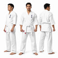 Three views of a man modeling a white martial arts uniform with a white belt, shown against a plain white studio background. The front, back, and side views display the uniform's fit and details, including a small red and white logo patch on the left hip and a blue graphic on the chest.