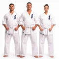 Three models wearing white martial arts uniforms with blue Japanese characters on the chest and white belts, standing against a plain white background.