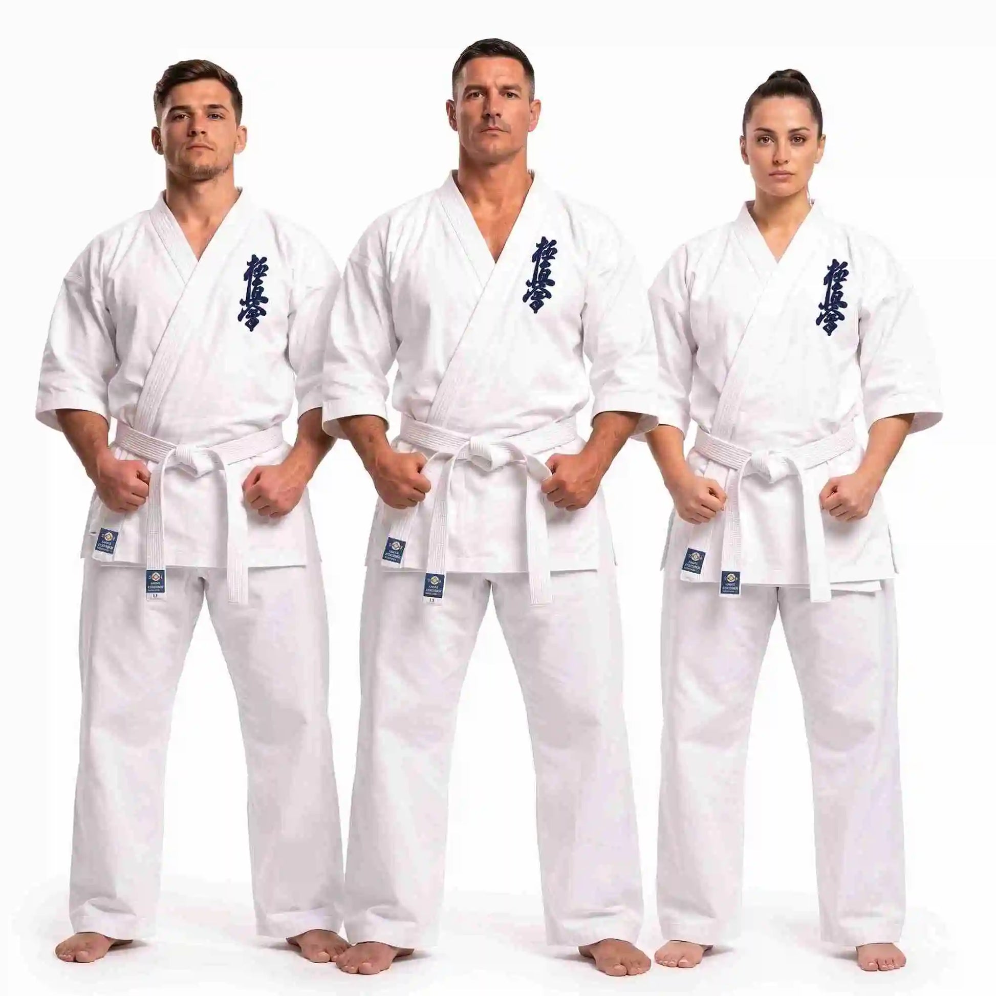 Three models wearing white martial arts uniforms with blue Japanese characters on the chest and white belts, standing against a plain white background.