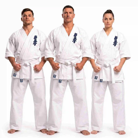 Three models wearing white martial arts uniforms with blue Japanese characters on the chest and white belts, standing against a plain white background.