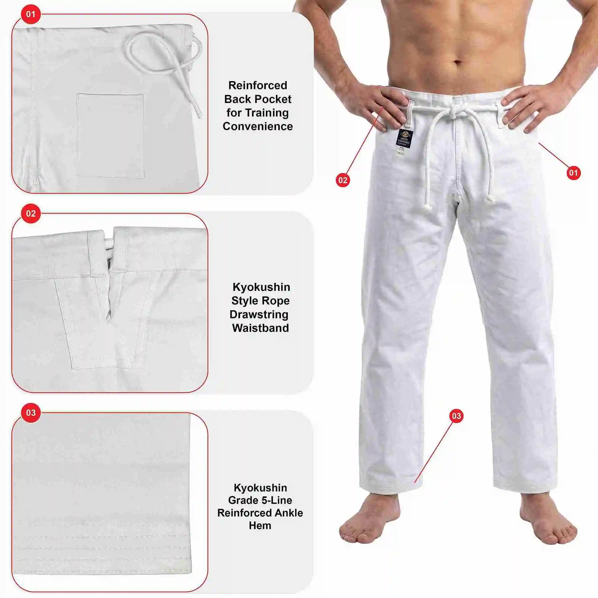 White Kyokushin-style martial arts gi pants shown on a cropped male model, with three inset detail callouts highlighting a reinforced back pocket, rope drawstring waistband, and reinforced ankle hem.