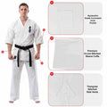 A man wearing a white martial arts uniform with a black belt stands beside three labeled detail callouts showing a Kyokushin Grade Concealed Inner Pocket, Premium 8-Line Stitched Sleeve Cuffs, and Triangular Stitched Side Vents.