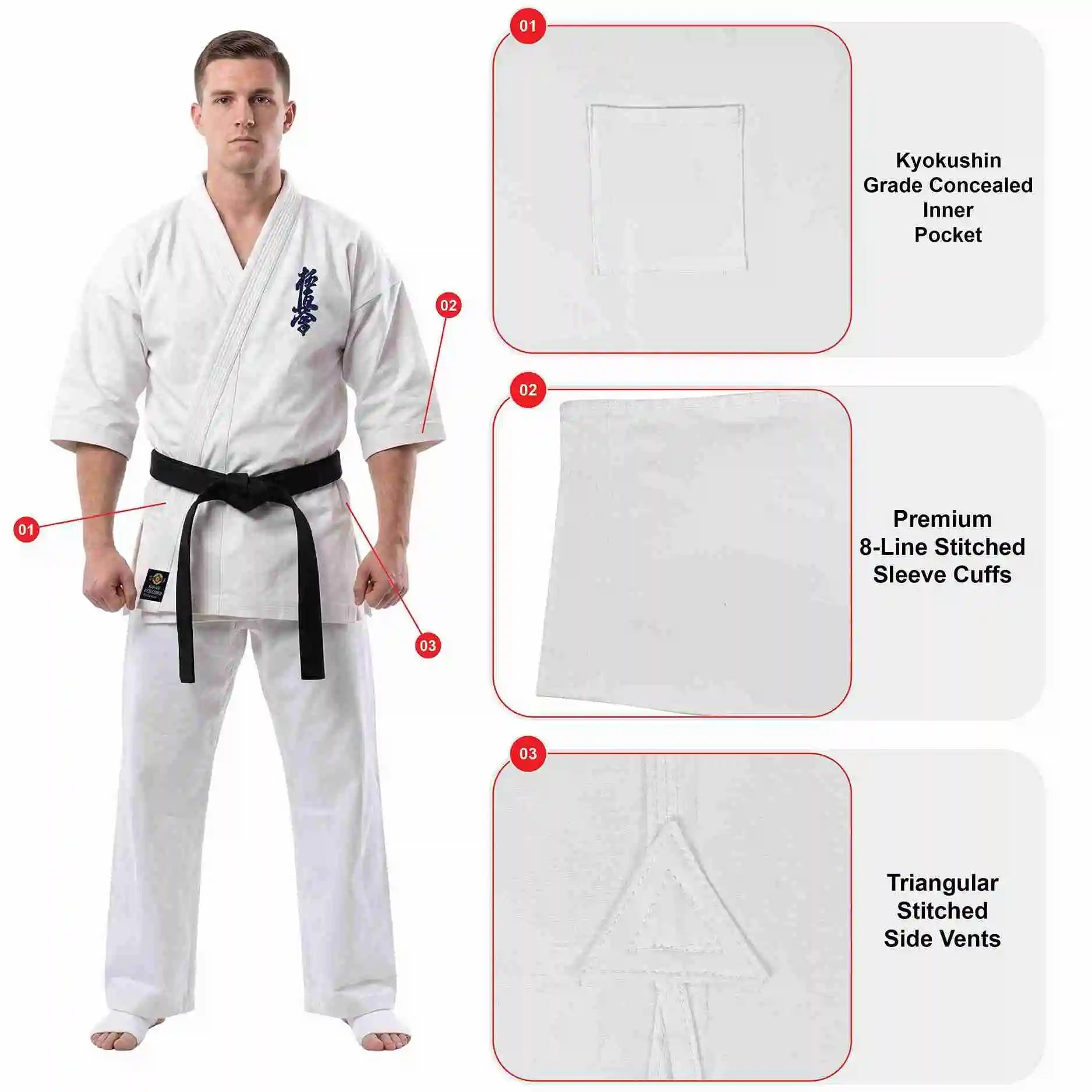 A man wearing a white martial arts uniform with a black belt stands beside three labeled detail callouts showing a Kyokushin Grade Concealed Inner Pocket, Premium 8-Line Stitched Sleeve Cuffs, and Triangular Stitched Side Vents.