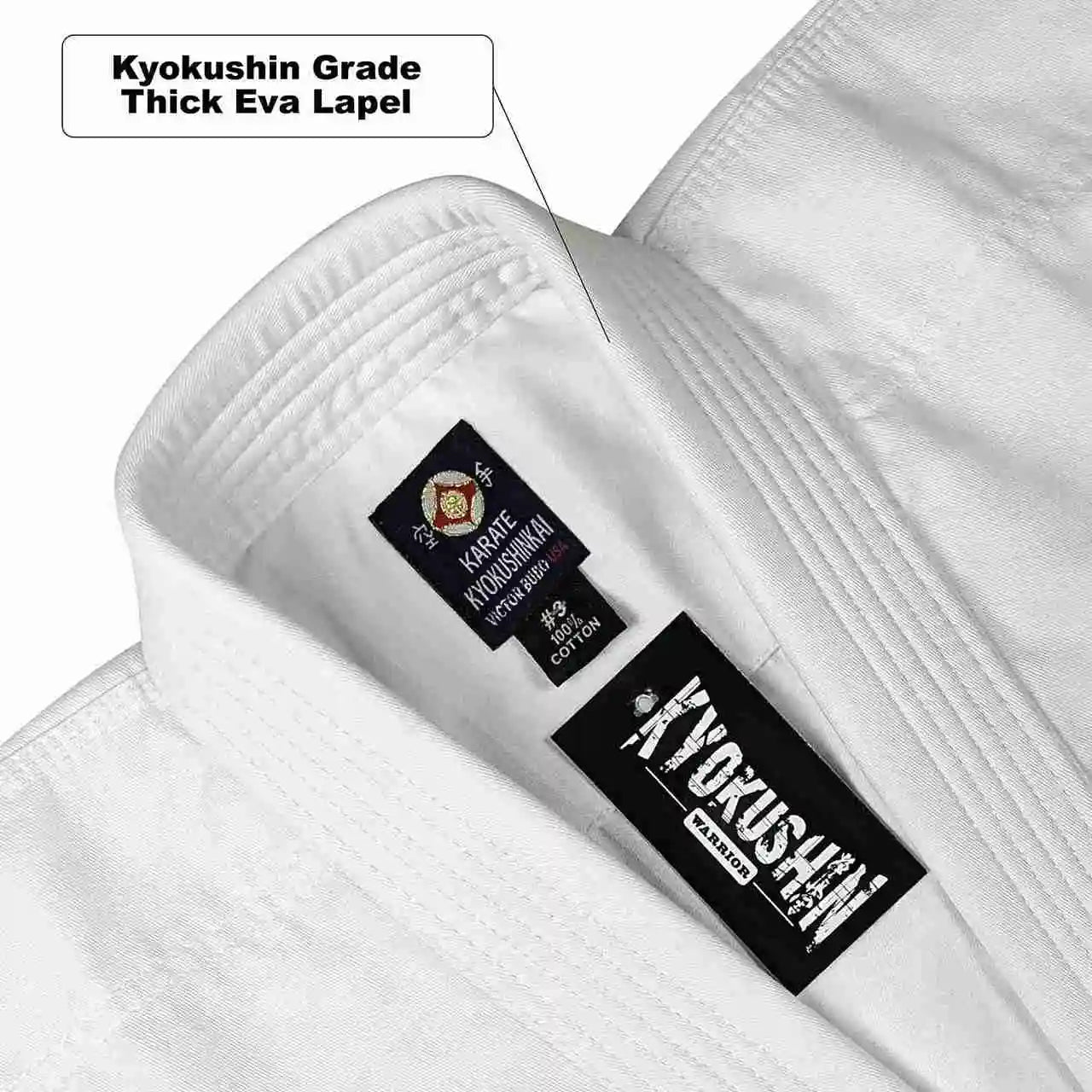 Close-up of a white martial arts gi lapel showing two Kyokushin brand labels, including a text callout that reads 'Kyokushin Grade Thick Eva Lapel.'.