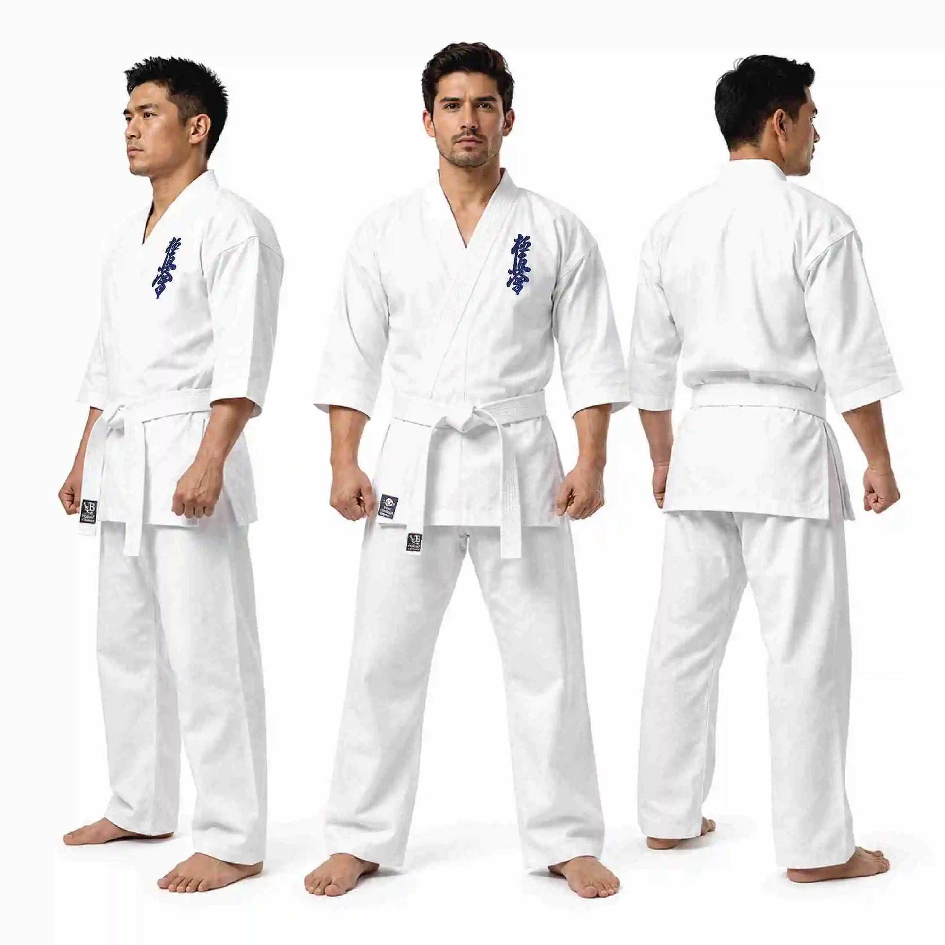 Three views of a man modeling a white karate gi uniform against a plain white studio background, showing front, back, and side profiles.