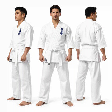 Three views of a man modeling a white karate gi uniform against a plain white studio background, showing front, back, and side profiles.
