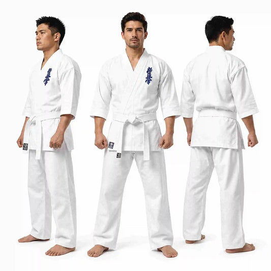 Three views of a man modeling a white karate gi uniform against a plain white studio background, showing front, back, and side profiles.
