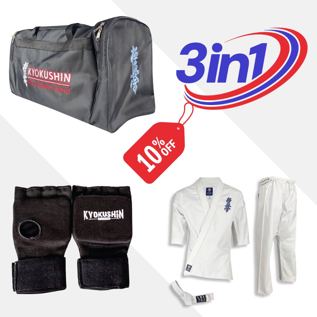 3-in-1 Kyokushin Martial Arts Bundle - Kyokushin Gloves, Kyokushin Bag & Kyokushin Karate Uniform