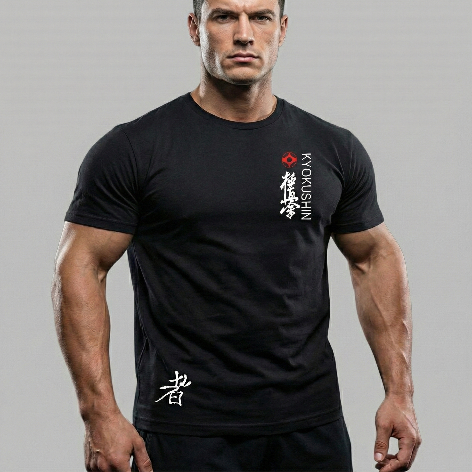 Man wearing a black Kyokushin t-shirt with a logo and text on a gray background