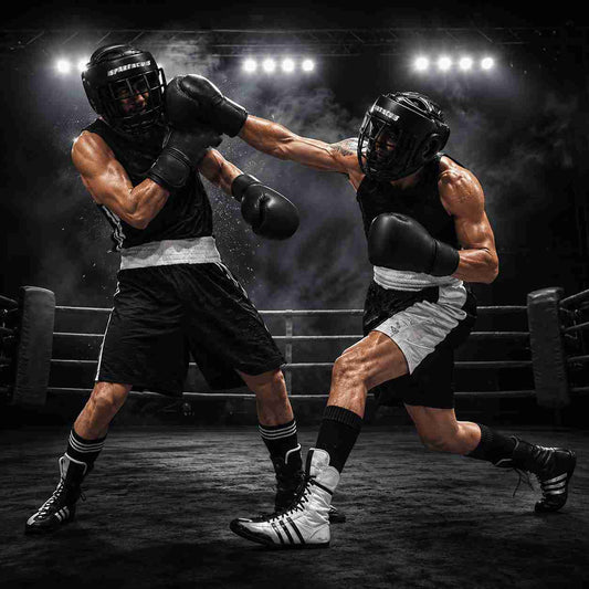 Two boxers in a boxing ring, one delivering a punch while the other defends, wearing black and white athletic gear, black gloves, and protective headgear in a dramatic, smoky ring light setting.