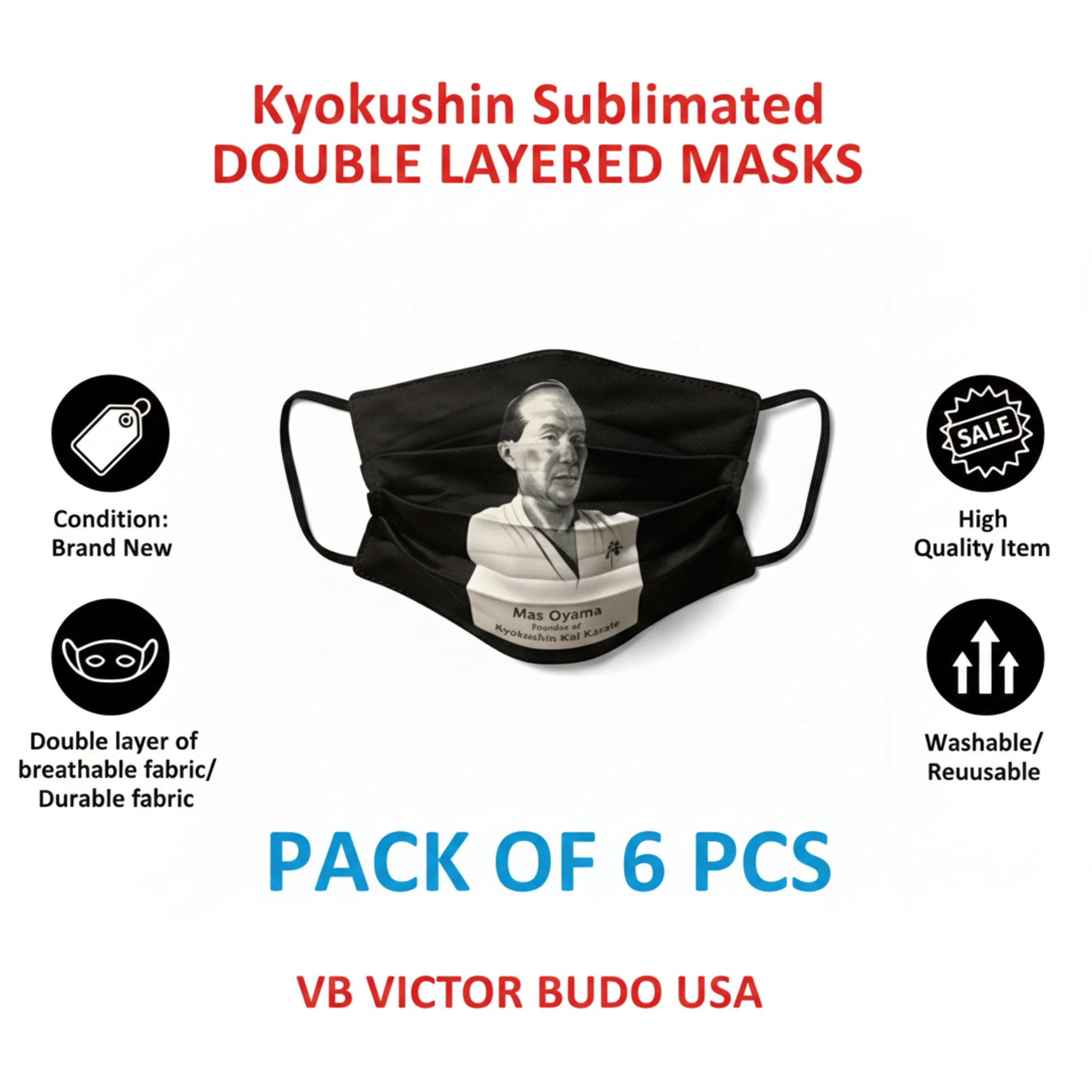 KYOKUSHIN KAI DOUBLE LAYER FACE MASKS - PACK OF 6 - BLACK