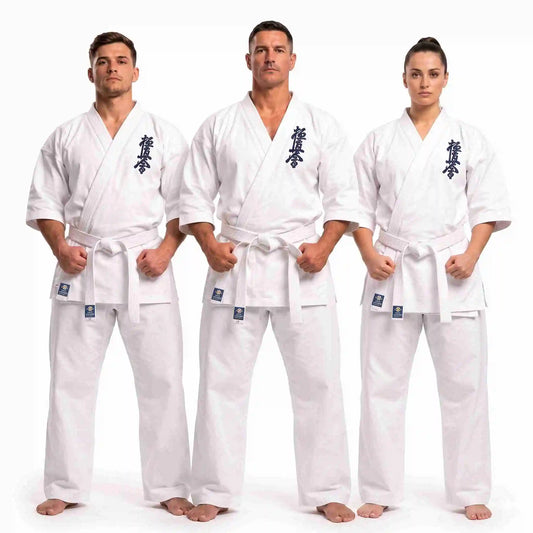 Women's and men's white Kyokushin Karate Gi crafted from premium 8 oz bleached fabric for comfort and durability.