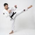 Person in a white martial arts uniform with a black belt performing a high kick on a white background