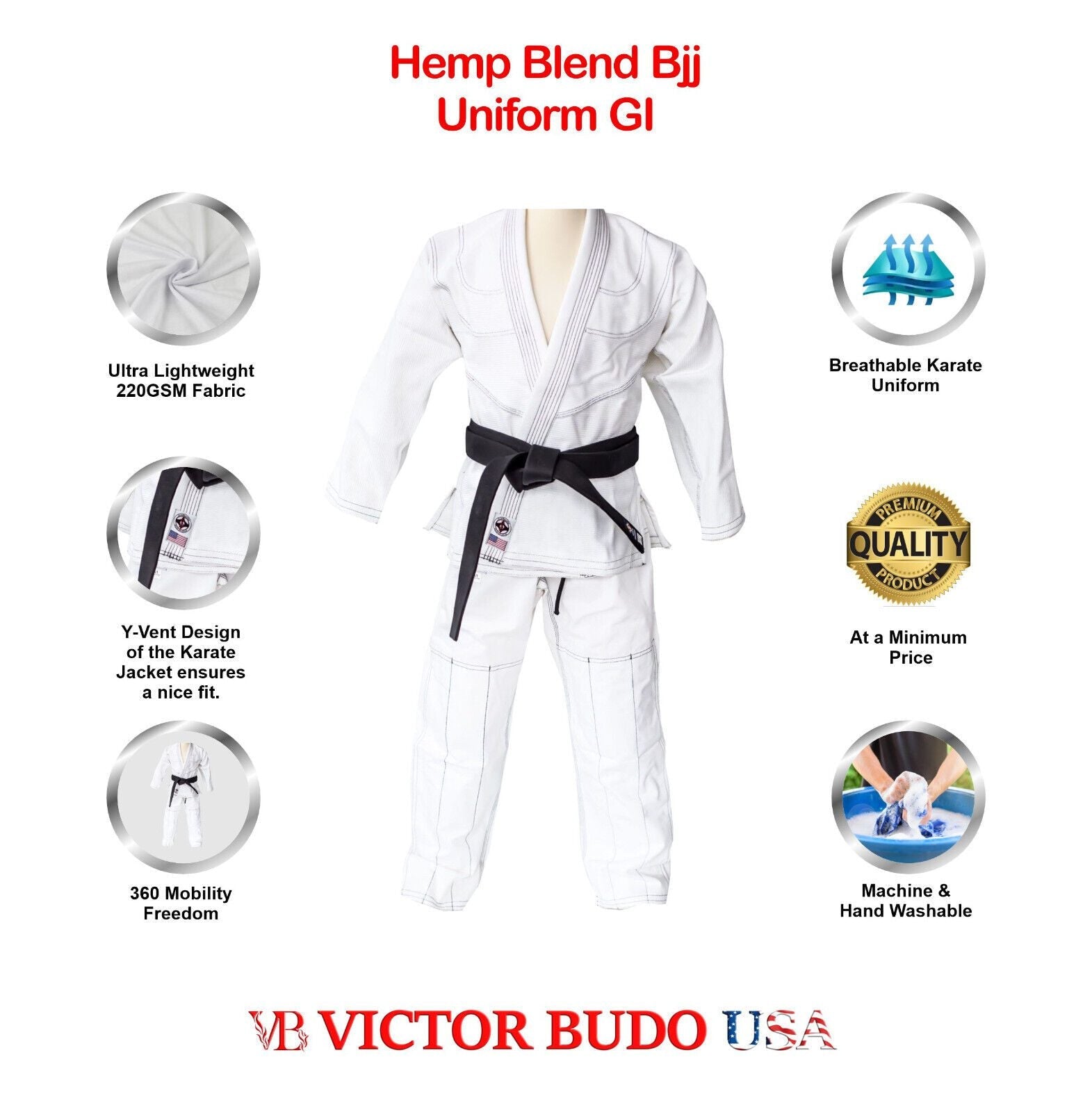 Kimono BJJ MMA Sport - 100% Coton 390g/m² - Blanc - Ceinture Incluse - Tailles Adulte/Enfant