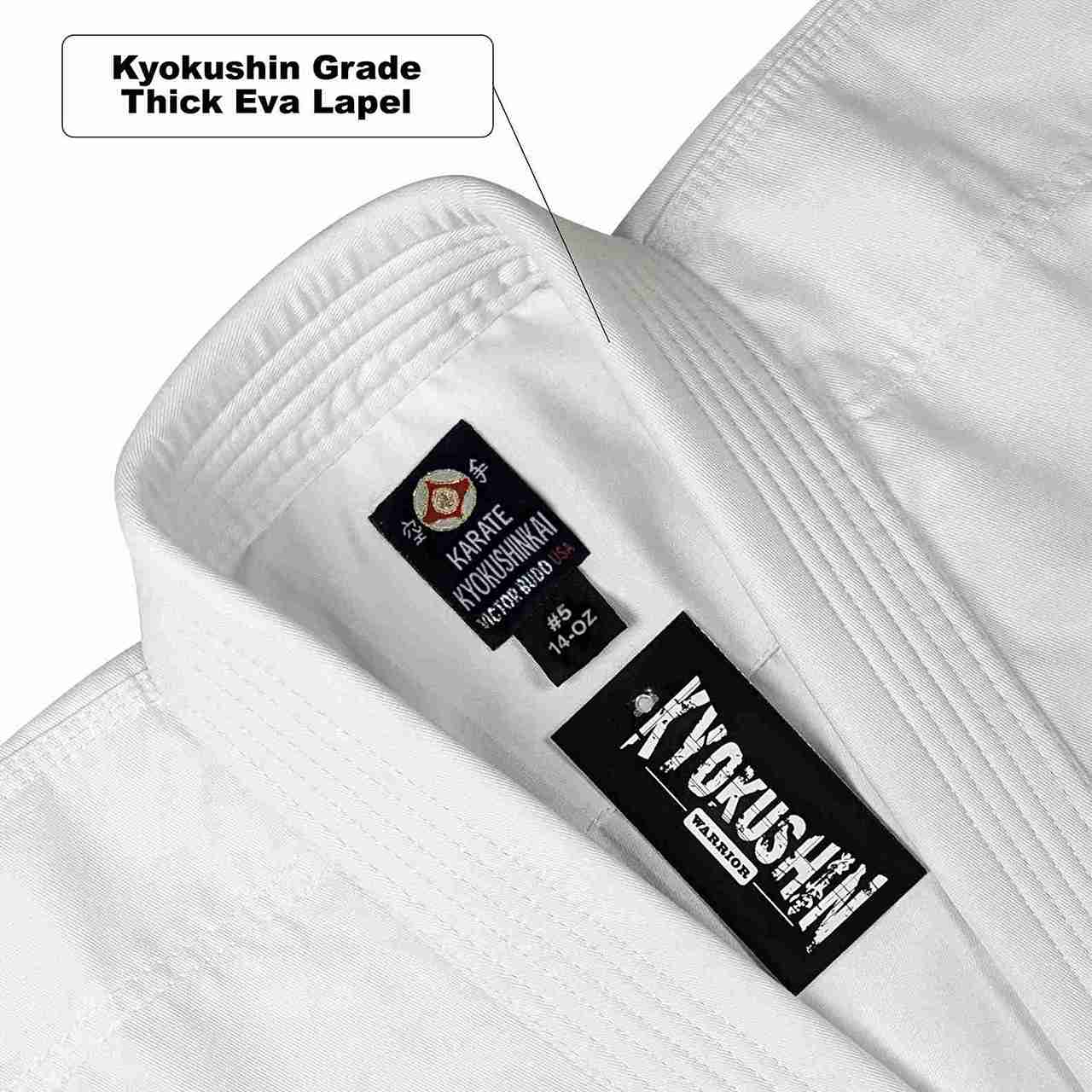 Close-up of a white martial arts gi jacket collar showing two neck labels, including a Kyokushin Grade thick Eva lapel label and a Kyokushin London brand tag.
