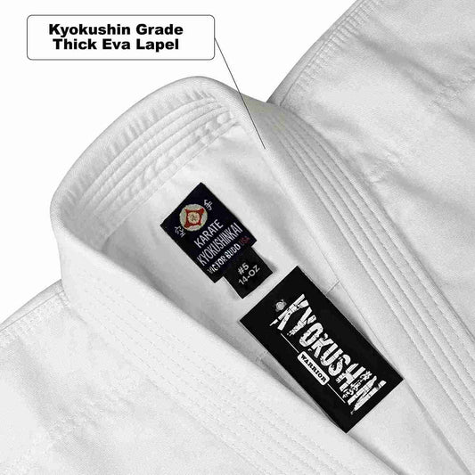 Close-up of a white martial arts gi jacket collar showing two neck labels, including a Kyokushin Grade thick Eva lapel label and a Kyokushin London brand tag.