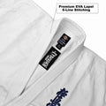 Close-up of a white martial arts gi jacket collar showing two black brand tags, with a text callout reading 'Premium EVA Lapel 6-Line Stitching'.