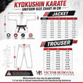 A Kyokushin Karate uniform size chart in centimeters showing measurements for a gi jacket and matching pants, with labeled dimensions, size tables, and a Victor Budo USA logo.