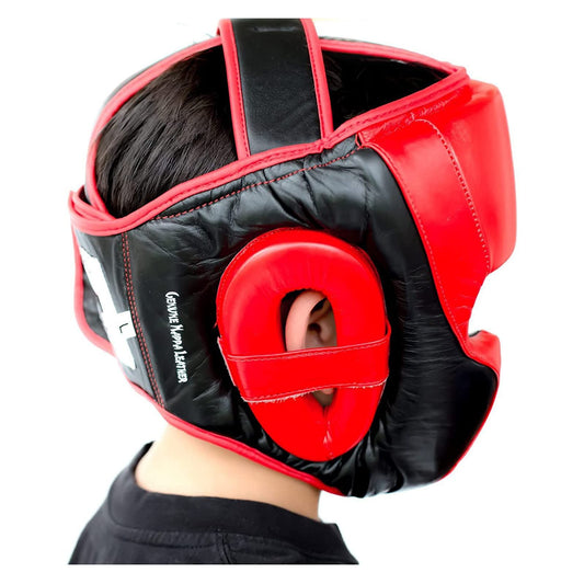 LEATHER BOXING HEADGEAR MMA SPARRING KICKBOXING RED - BLACK