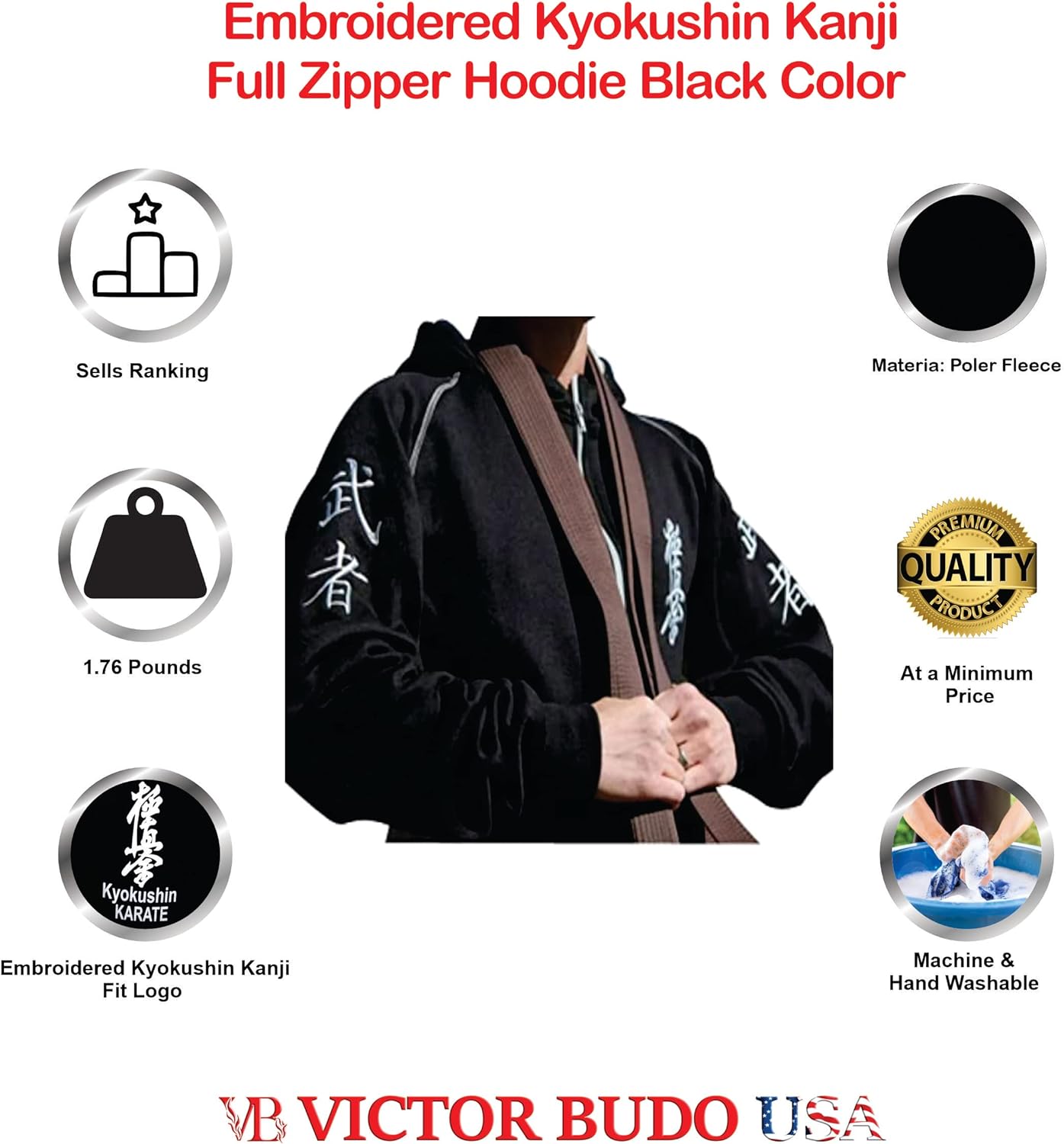  Victorbudo USA Men's zip up Embroidered Karate Hoodies