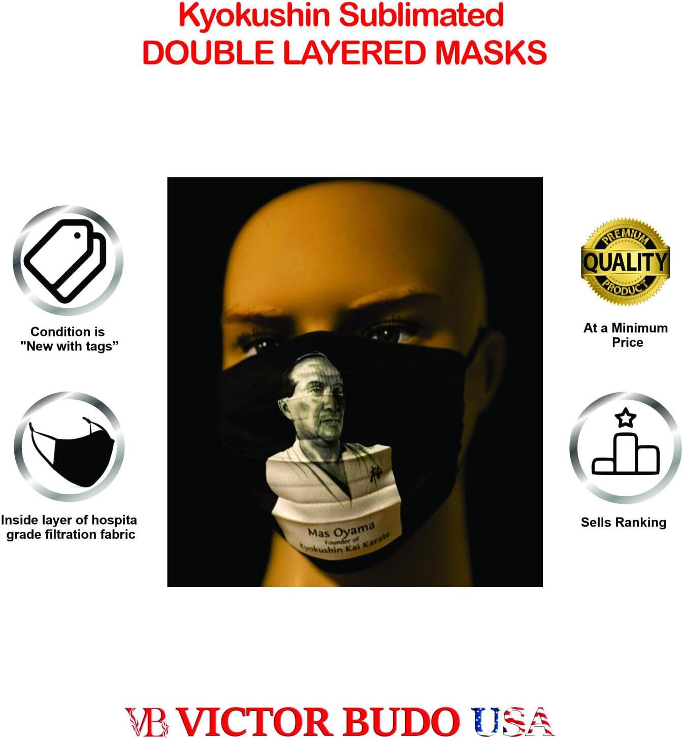 SUBLIMATED KYOKUSHIN KAI DOUBLE LAYER FACE MASKS - PACK OF 6 - BLACK